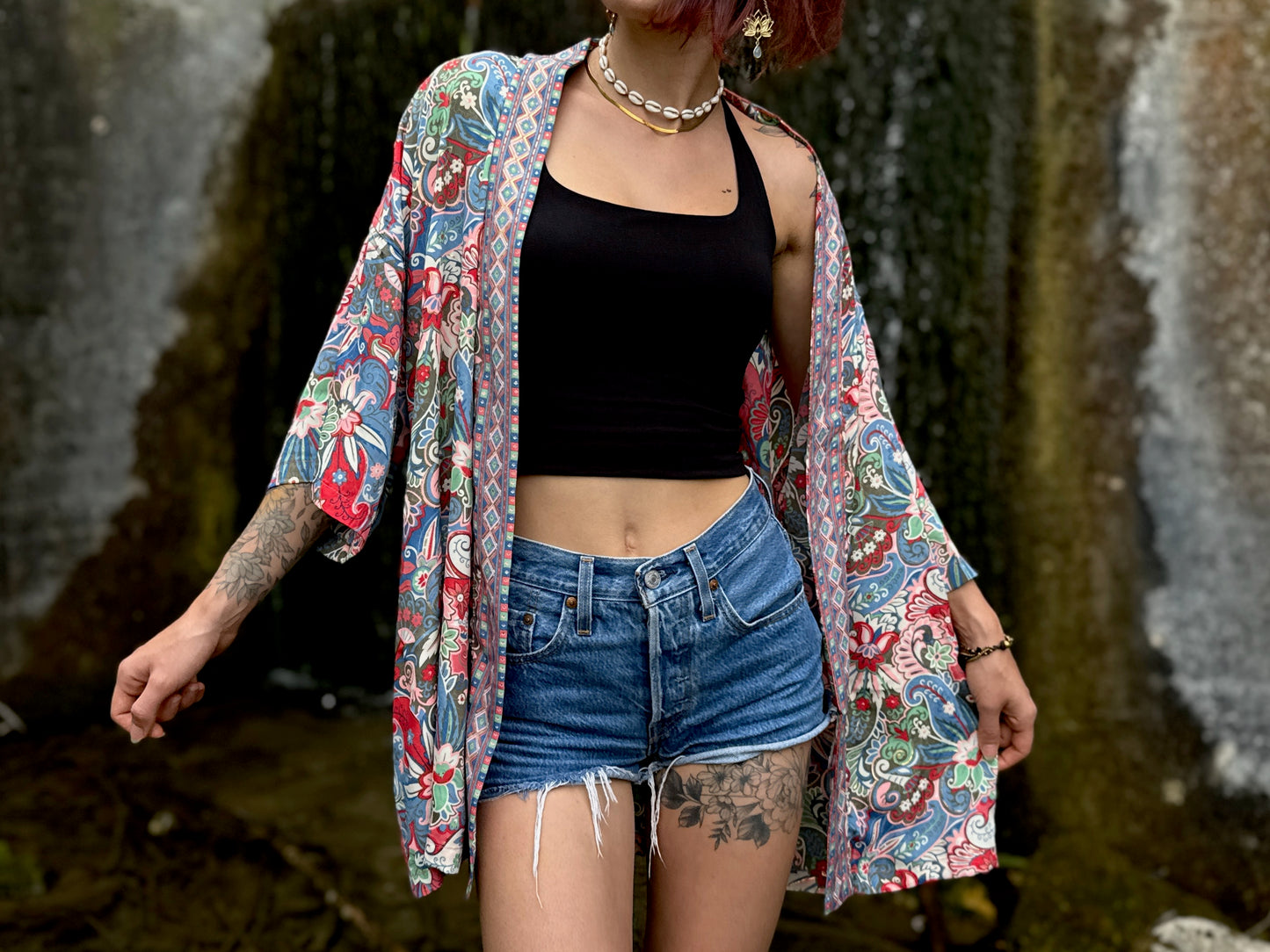 blue orange patterned kimono, blouse, cover-up, light jacket