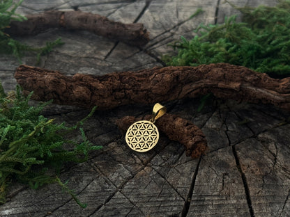 Lange Kette mit dem Motiv der Lebensblume aus Messing