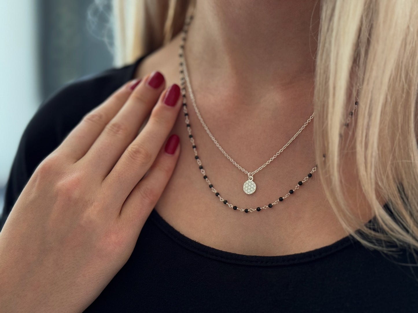 Silver necklace with small tourmaline stones and flowers 