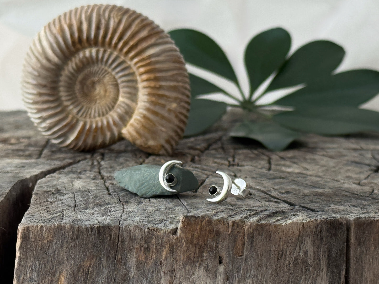 Stud earrings with small moon and stone made of silver 
