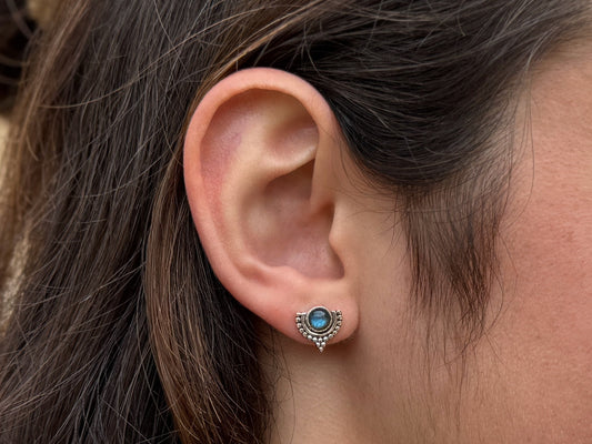 Silver half lotus flower stud earrings 