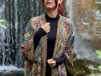 blue orange patterned kimono, blouse, cover-up, light jacket