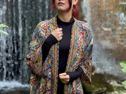 blue orange patterned kimono, blouse, cover-up, light jacket