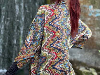 blue orange patterned kimono, blouse, cover-up, light jacket