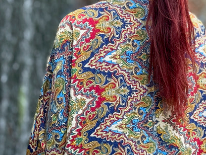 blue orange patterned kimono, blouse, cover-up, light jacket