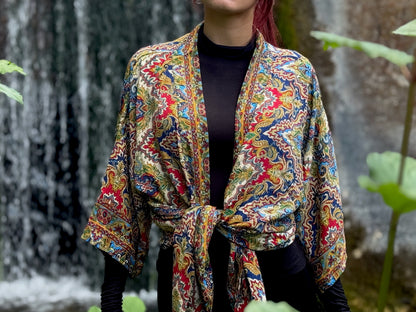 blue orange patterned kimono, blouse, cover-up, light jacket