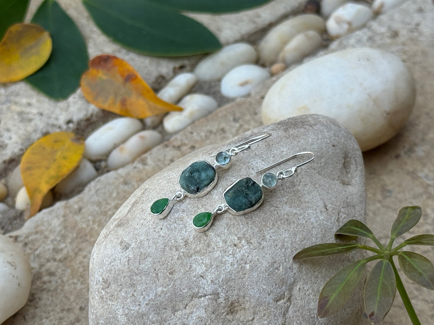 Earrings with raw stone made of silver, aventurine 