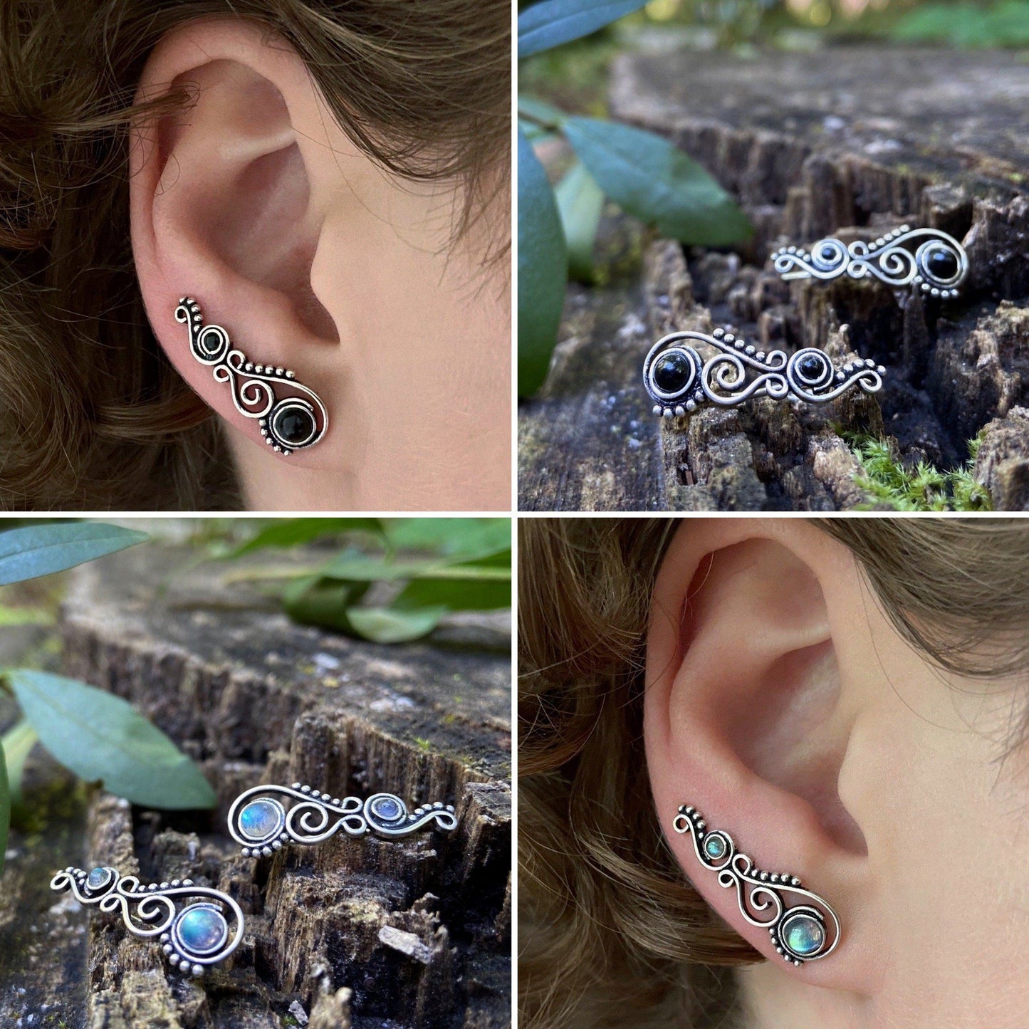 Ear climber earrings with labradorite stones made of silver 