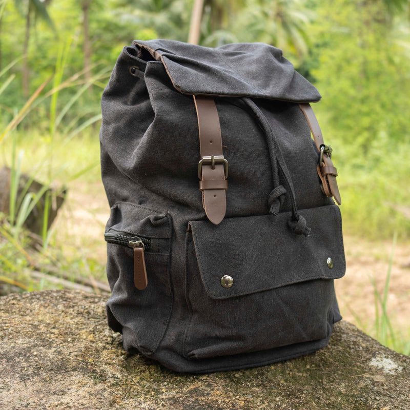 large casual canvas backpack with straps in black – Sanuka