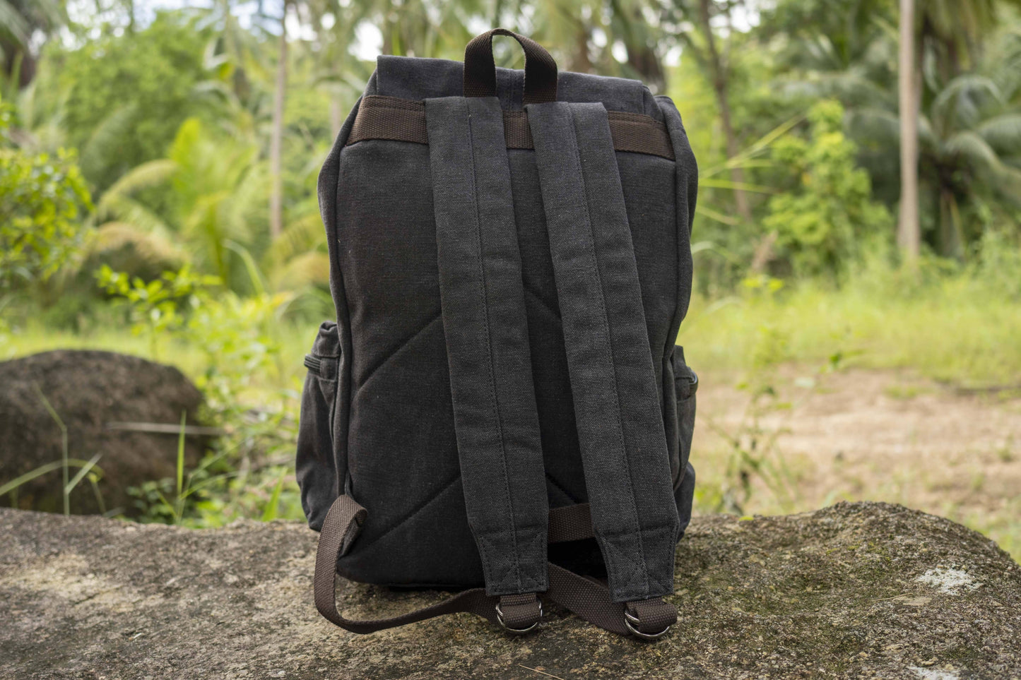 large casual canvas backpack with straps in black 