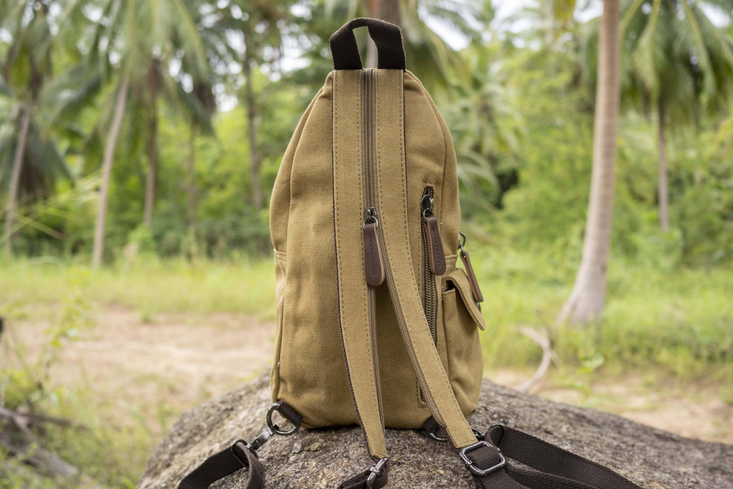 practical canvas shoulder bag with straps in beige 