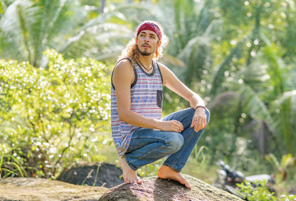 colorful patterned tank top for men with chest pocket in red white blue