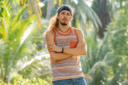Patterned tank top for men with chest pocket in orange/blue
