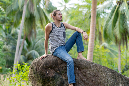 gray patterned tank top for men with chest pocket