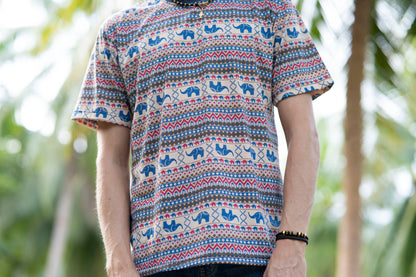 patterned t-shirt for men in beige blue red with elephants