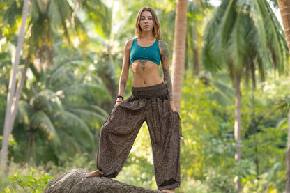 Airy harem pants with a mandala pattern in dark brown with pockets