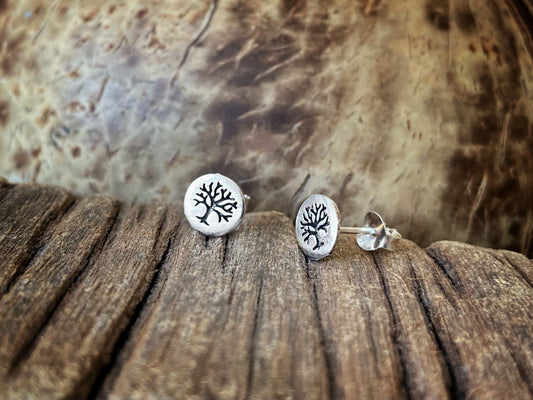 round stud earrings with the tree of life in silver 