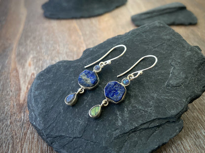 Ohrringe mit Rohstein aus Silber, Lapis Lazuli, Labradorit, Regenbogenmondstein