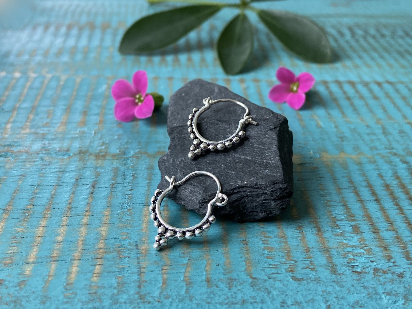 small filigree hoop earrings with silver dots