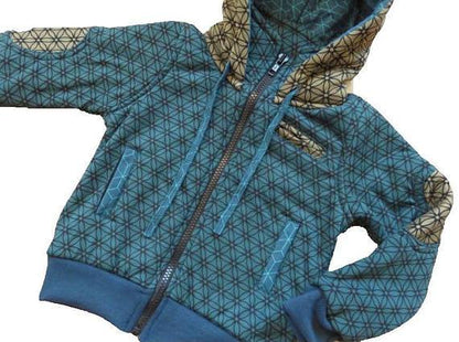 Lined patchwork jacket with hood for children in turquoise/green 