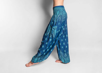 airy patterned harem pants in turquoise with pockets