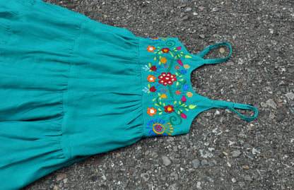 colorful embroidered floral dress for girls in turquoise 