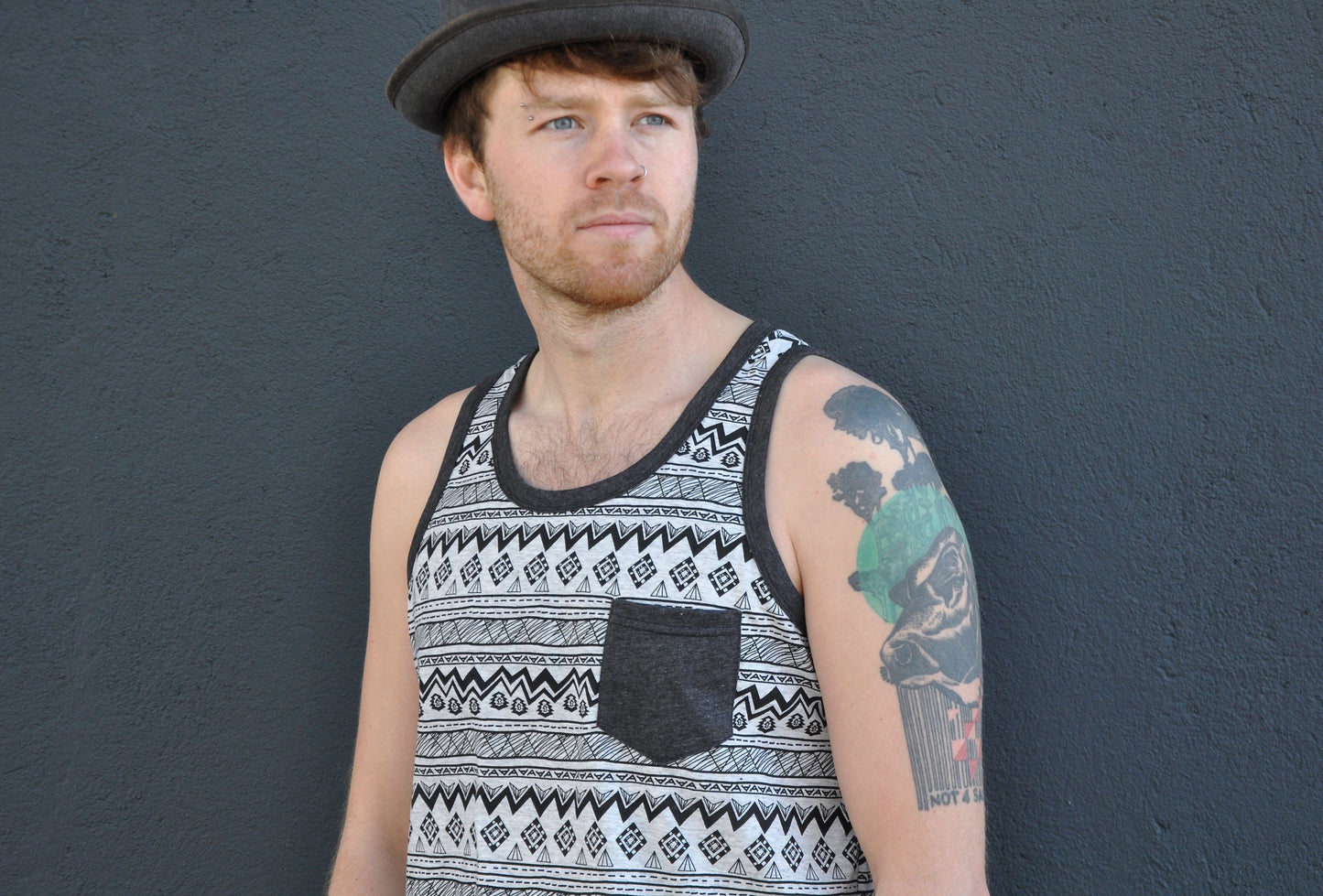 gray patterned tank top for men with chest pocket