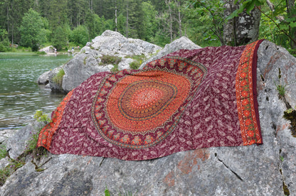 Sarong/bath towel with mandala pattern in wine red 